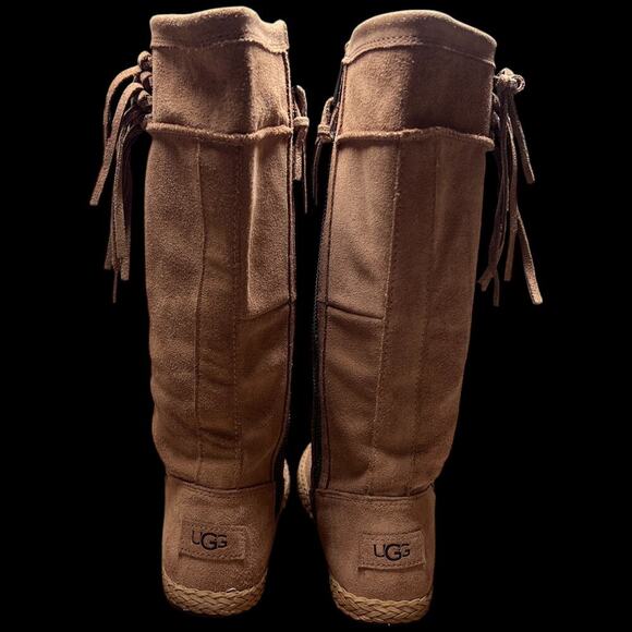 UGG Emerie Woman's Size 7 Chestnut Knee High Suede Leather Flat Boots Tassels - Picture 4 of 15